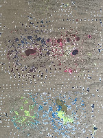 Dominique De Beir, ''Planche dentelle'', 2021 [fluo],

carton, peinture acrylique, encre, 'impacts' [hamerslagen, bioptie e.a. perforaties],

gebaseerd op foto's van kantmodellen die op school voor onderricht worden gebruikt

(uniek werk), 1.60 x 1.20 m. detail.
PHŒBUS•Rotterdam