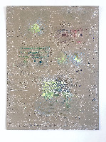 Dominique De Beir, ''Planche dentelle'', 2021 [fluo],

carton, peinture acrylique, encre, 'impacts' [hamerslagen, bioptie e.a. perforaties],

gebaseerd op foto's van kantmodellen die op school voor onderricht worden gebruikt

(uniek werk), 1.60 x 1.20 m.
PHŒBUS•Rotterdam