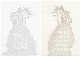 Simon Benson, 'Will You Speak To Me' / 'Will You Speak To Me Again', 2007, potlood op papier, uitgesneden teksten, tweemaal 1.40 x 1 m.
PHŒBUS•Rotterdam