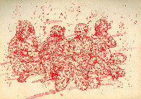 Bea Emsbach, rode inkttekening, A4, 2009, 'Tarnhaut - Blicke'.
PHŒBUS•Rotterdam