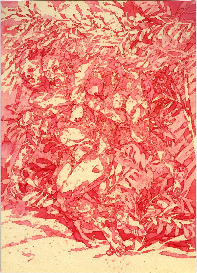 Bea Emsbach, 'Tarnhaut Hinterhal', 2009, tekening/aquarel in rode inkt op papier,

gemaakt met een 'Kolbenfüller', 30 x 21 cm., ingelijst
PHŒBUS•Rotterdam