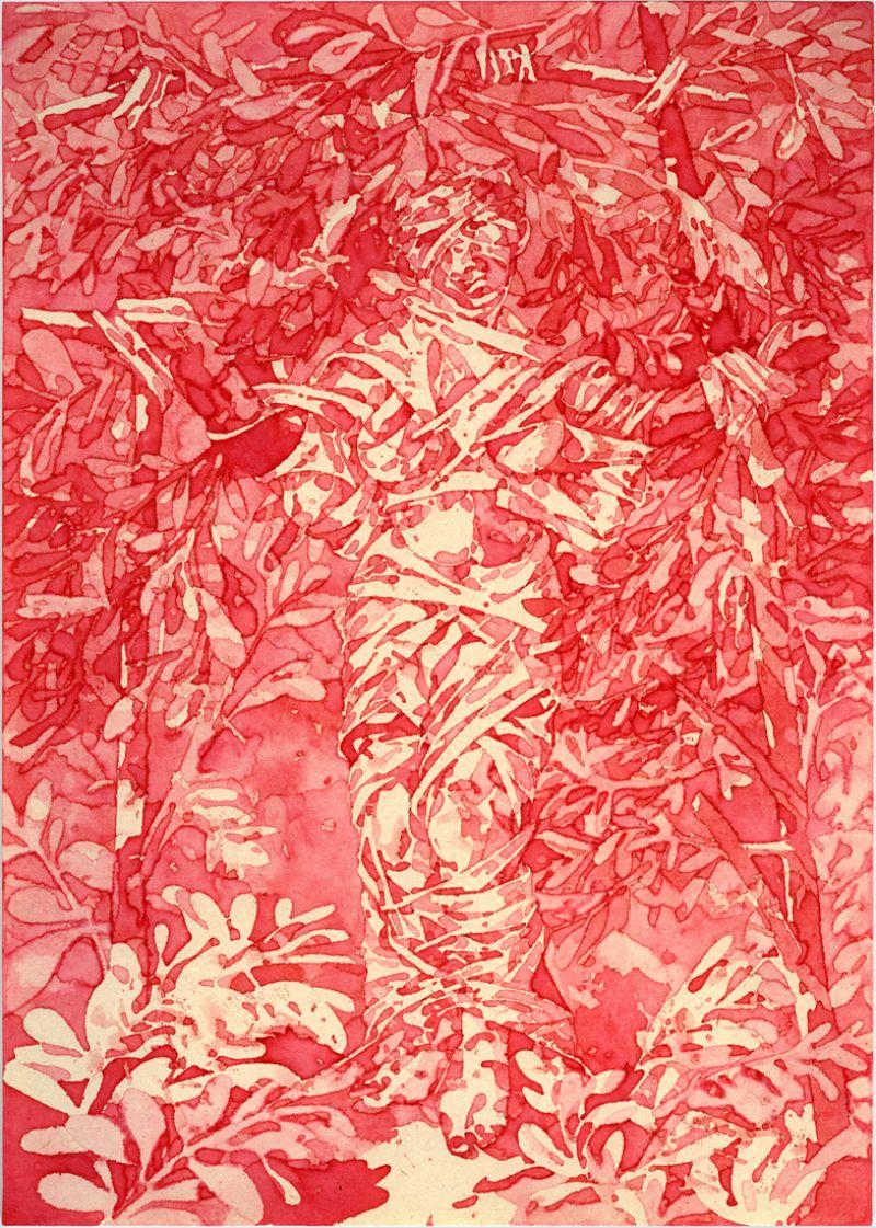 Bea Emsbach, 'Tarnhaut Opfer', 2009, tekening/aquarel in rode inkt op papier,

gemaakt met een 'Kolbenfüller', 30 x 21 cm., ingelijst
PHŒBUS•Rotterdam