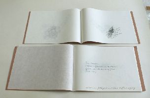 Toine Horvers, open pagina's uit: ''Intiem Zelfportrett in 12 staties, liggend, van bovenaf gezien'', 2006-2007, met twaalf geschreven tekeningen in Faber Castell 2B potlood op japans minomitre papier 31 grs.; plus drie tussenbladen, titelblad en colofon; omslag bruin papier, 22 x 30 cm. ''Intiem Zelfportret in 12 staties, liggend, van links-opzij gezien'', 2006-2007, met twaalf geschreven tekeningen in Faber Castell 2B potlood op japans minomitre papier 31 grs.; plus drie tussenbladen, titelblad en colofon; omslag bruin papier, 22 x 30 cm. De twee boeken horen bij: ''Intiem Zelfportret in 12 staties, liggend, vanuit mezelf gezien'', 2006-2007, met twaalf geschreven tekeningen in Faber Castell 2B potlood op japans minomitre papier 31 grs.; plus drie tussenbladen, titelblad en colofon; omslag bruin papier, 22 x 30 cm.
PHŒBUS•Rotterdam