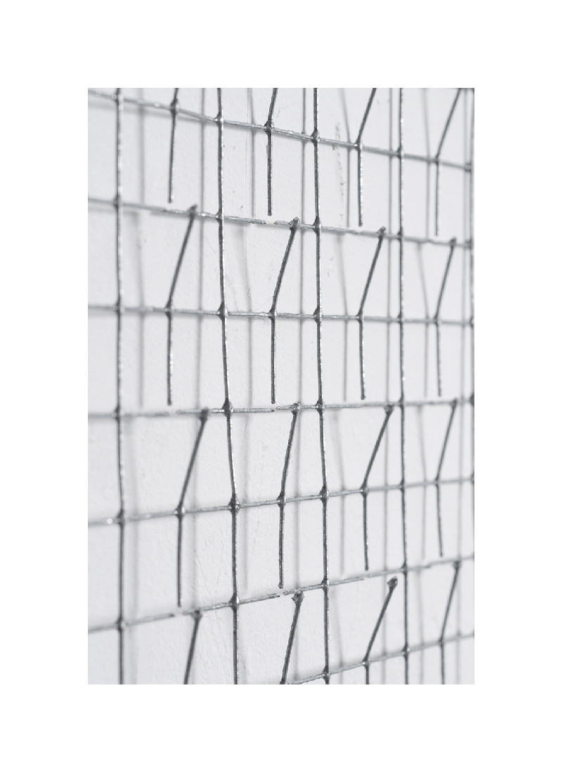 Hans Houwing, multiple 2002, 20 x 12,5 x 0,5 cm. Veertig kruisingen op regelmatige afstand in een stuk volière-gaas aan drie kanten losgeknipt en de draad iets naar voren gebogen; detail schuin opgenomen.
PHŒBUS•Rotterdam