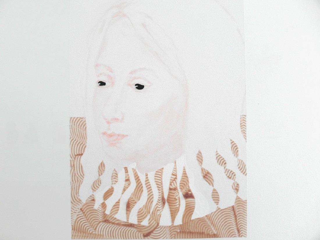 Bernadet ten Hove, detail uit drieluik 2017, acryl, lakverf en vilt op aluminium, 75 x 105 x 2 cm., naar Vittore Belliniano: Catharina van Alexandrië en Barbara [Barbara].
PHŒBUS•Rotterdam