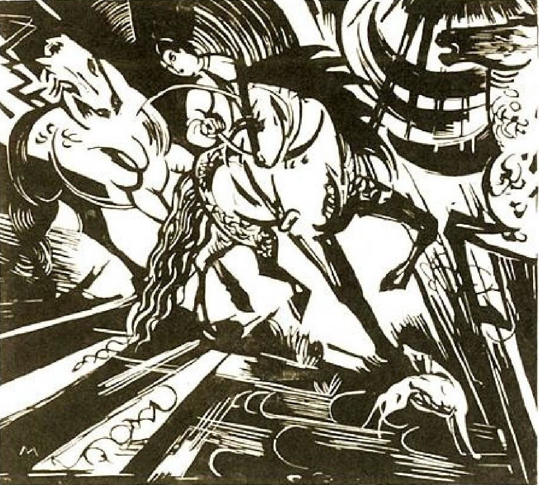 /images/marc/11/fMarc11-foto.jpg Franz Marc, 'Reitschule nach Ridinger', houtsnede op handgeschept papier, 1913/1984, 27 x 29,3 cm no. 26/30, met blinddruk van Otto Stangl, beheerder nalatenschap, oplage 30 + 2. Lankheit 839
PHŒBUS•Rotterdam