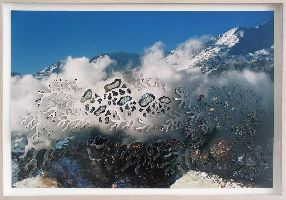 Regula Maria Müller,  'The Melting Sky', 2005, drie foto¹s over elkaar, geperforeerd en geborduurd met kralen,0.59 x 0.75 m., ingelijst (esdoorn ingewit, Mirogard Museumglas)
PHŒBUS•Rotterdam