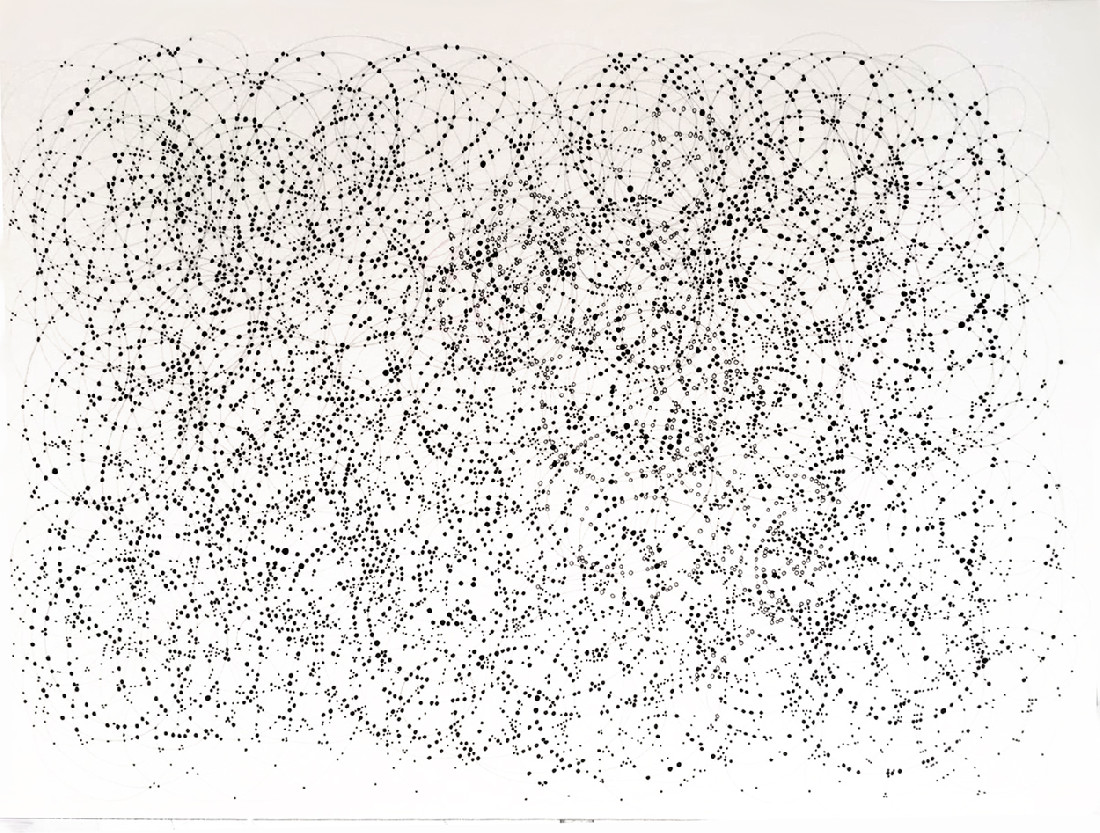 Jadranka Njegovan, From the Diary of a Fly – (i) (ii) (iii) (iiii) (iiiii) (5xi i), een reeks werken in potlood en fineliner op papier, 26 x 36 cm. [routes van een vlieg];

in lijst (museumglas 70%) 32,4 x 42,4 cm. Afgebeeld is no. iiii.
PHŒBUS•Rotterdam