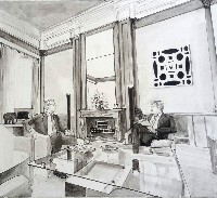 Johan van Oord, reeks van vier cartoons, 2015, elk potlood, waterverf/papier; hier: [Z.M. de koning en Minister President Mark Rutte in Paleis Noordeinde], 28,5 x 31 cm.
PHŒBUS•Rotterdam