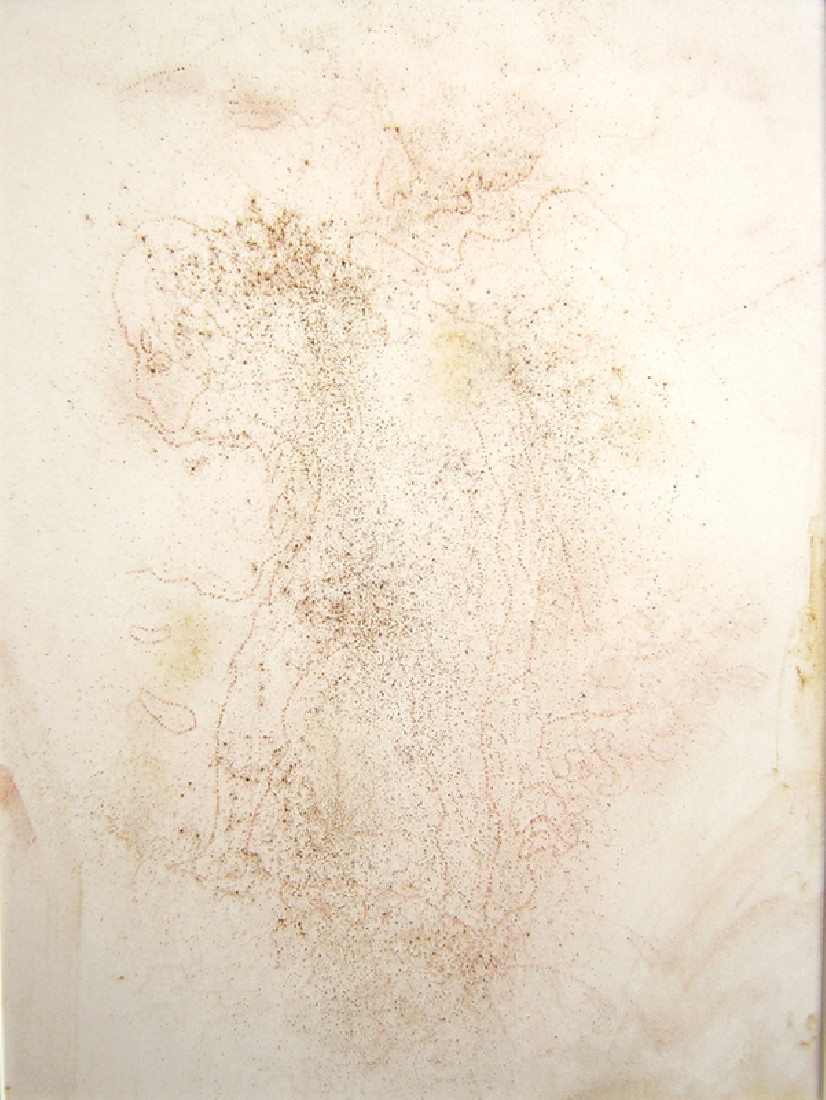 George le Roy, werk in pigment op papier, 180905APCI 228, in lijst (eiken/glas),

beeld 35 x 25 cm. [ in de tekst genoemd: mannenfiguur met masker in hand ]
PHŒBUS•Rotterdam