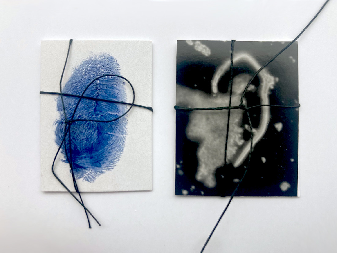 Eva-Maria Schön, twee ‘Medaillons’, 2022, dubbel met vingerafdruk in inkt op papier en fotografie, samengebonden met touw, elk dubbel 3,5 x 2.8 cm.
PHŒBUS•Rotterdam Eva-Maria Schön, twee ‘Medaillons’, 2022, dubbel met vingerafdruk in inkt op papier en fotografie, samengebonden met touw, elk dubbel 3,5 x 2.8 cm.
PHŒBUS•Rotterdam