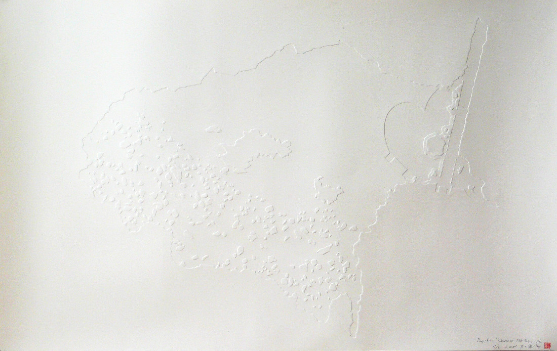 Ken'ichiro Taniguchi, 'Hecomi [Cheese from KIK]' sculptuur, uitvouwbaar, tot ca. 1.80 m., gelaagd, plastik/scharnieren.; 'fingerprint', gebaseerd op de 'Cheese from KIK'-sculptuur
PHŒBUS•Rotterdam